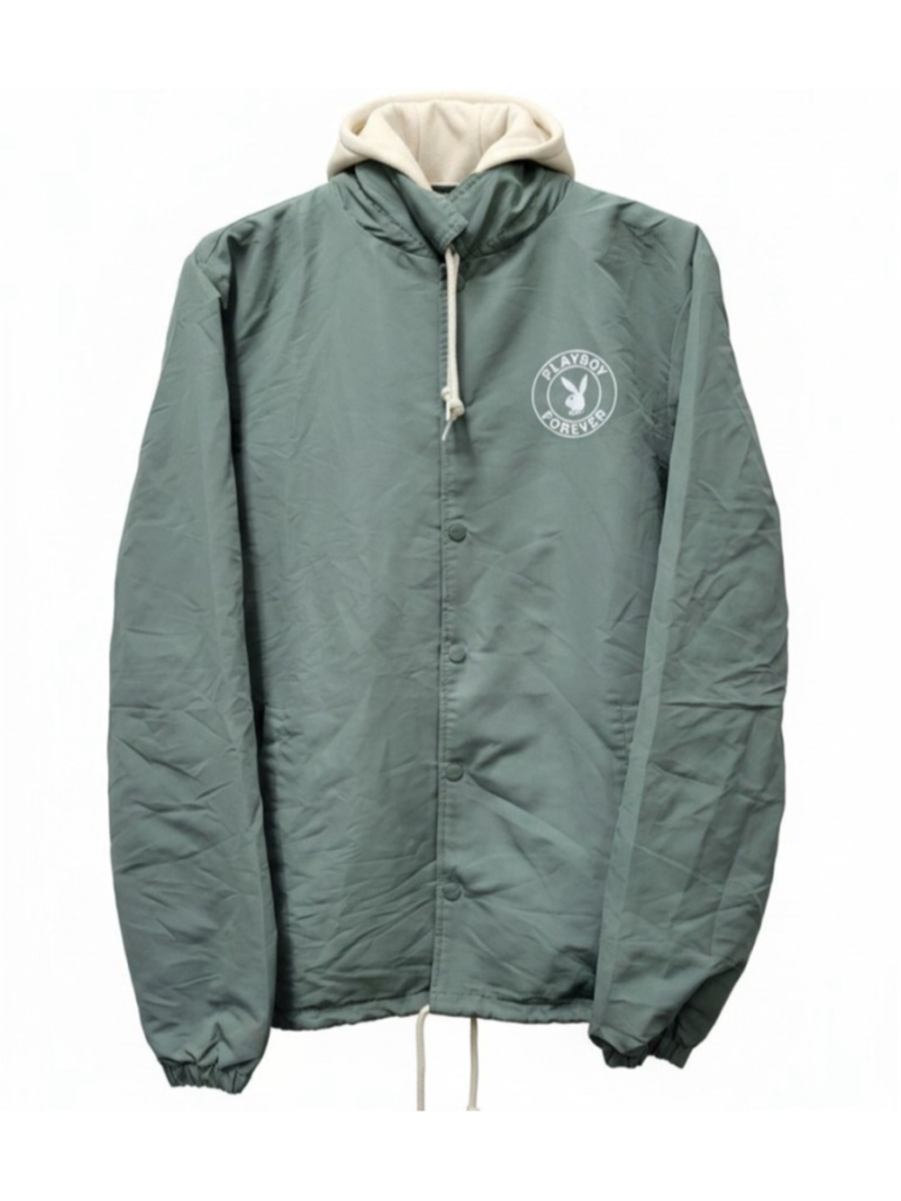 Playboy Forever Men Olive Long-Sleeve Windbreaker Hoodie Snap Jacket Size Medium